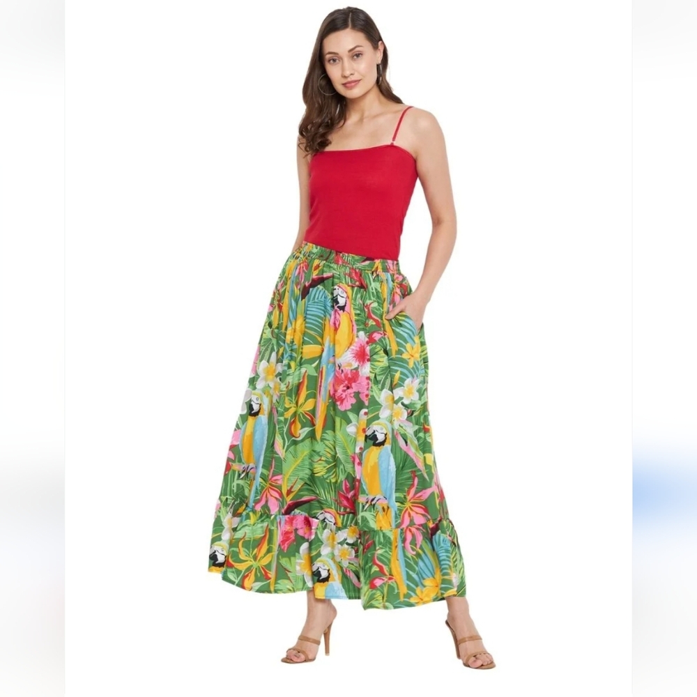 Gipsie Blue Parrot Green Floral Print Midi Skirt for Women SZ M  NWT